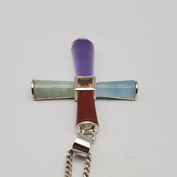 Sterling Silver Real Multicolor Jade Gem Cross Pendant w/ 24" Necklace - Picture 6 of 10